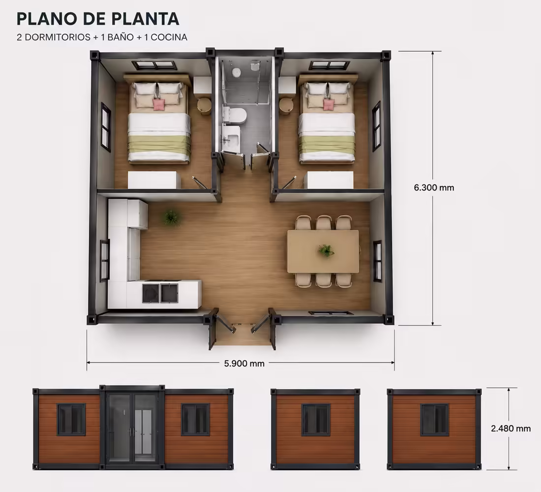 Módulo expandible 20ft — cocina y baño